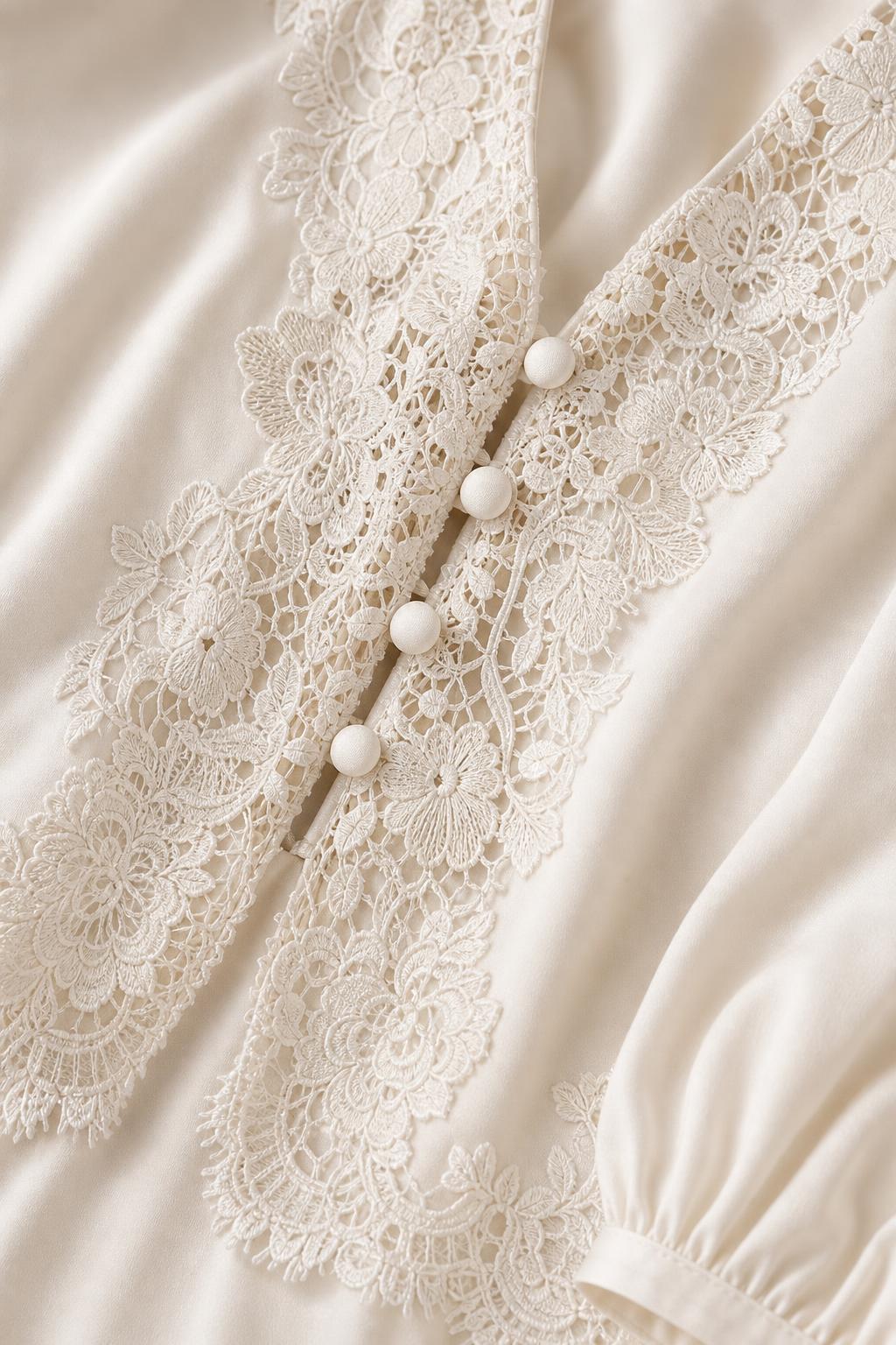 Close up of lace trim and button details on cream top