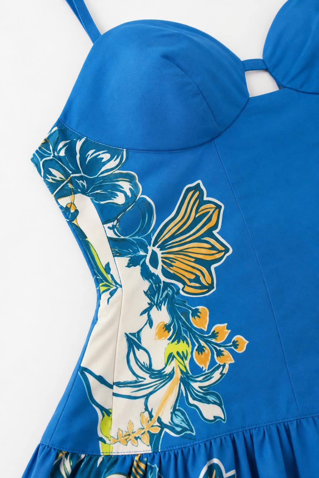 Close-up of bustier bodice and floral print detail