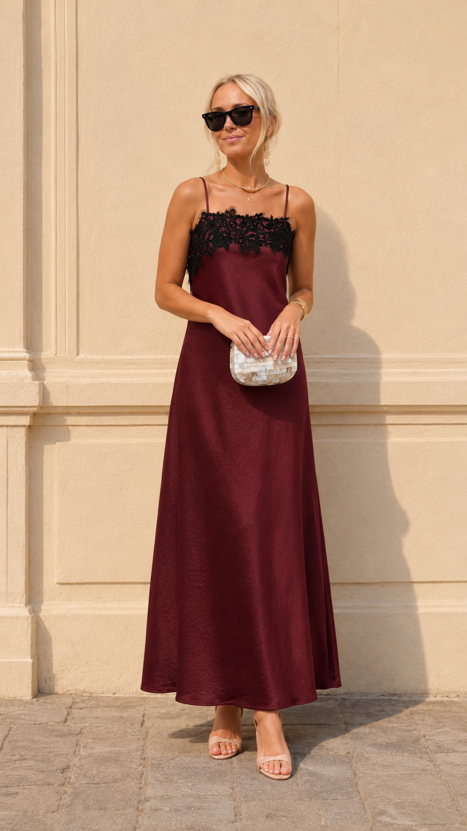 Wine satin-look maxi slip dress with black lace detail front view
