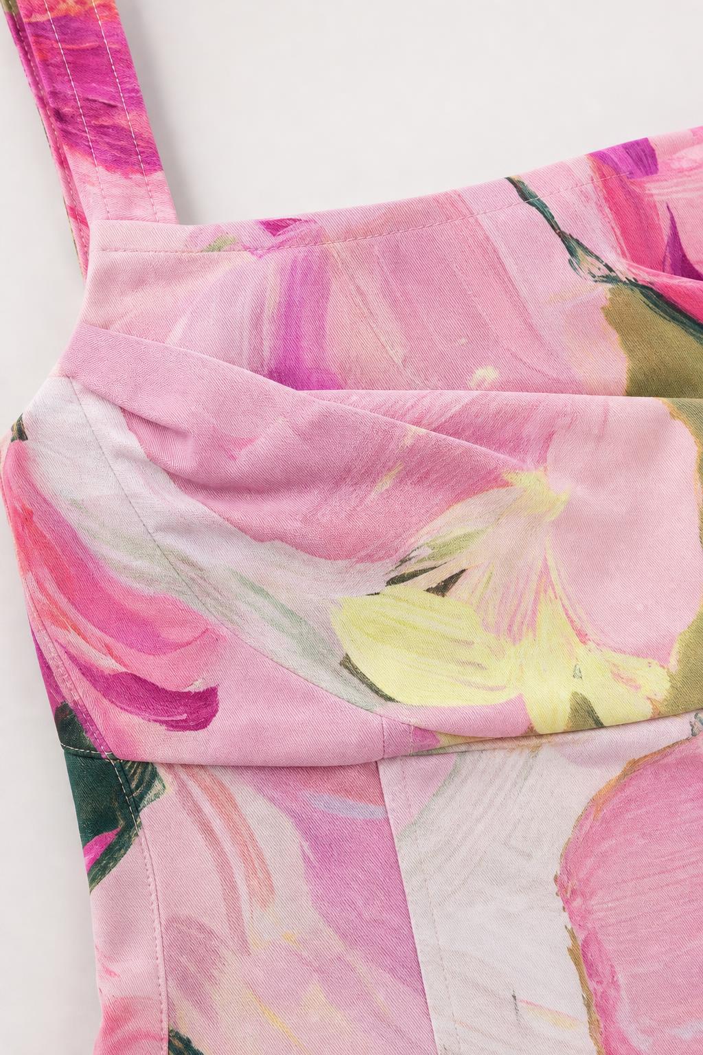 Close-up detail of the pink floral top bust and straps