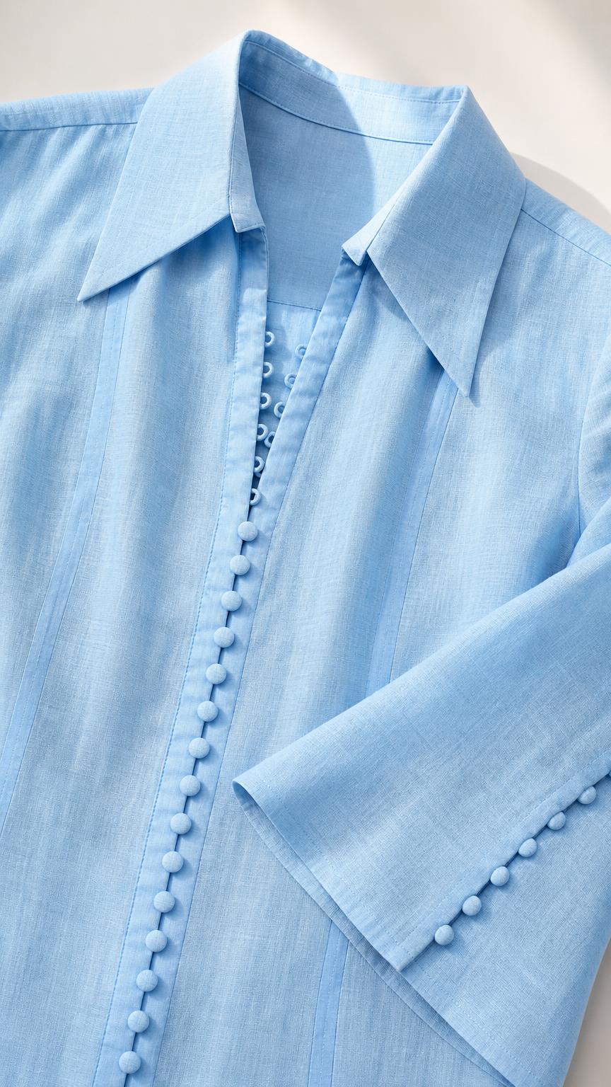 Close-up detail of collar, placket, and sleeve buttons on light blue dress
