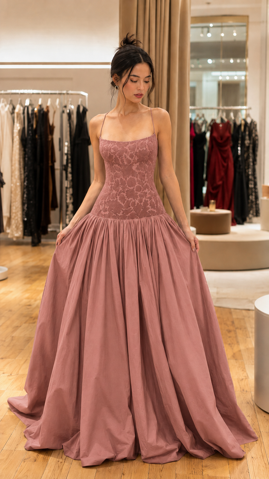 Dusty rose formal maxi gown with textured bodice and gathered full skirt front view