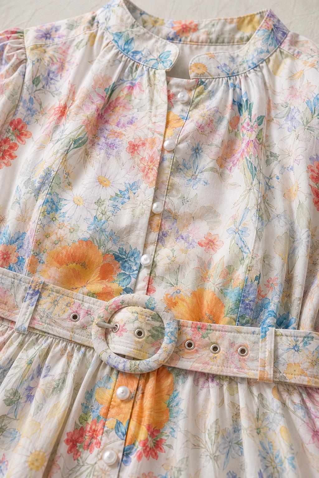 Close-up detail of mandarin collar, buttons, and floral print fabric