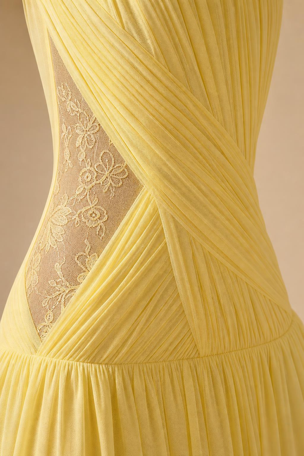 Close-up detail of pleated bodice and lace side panel