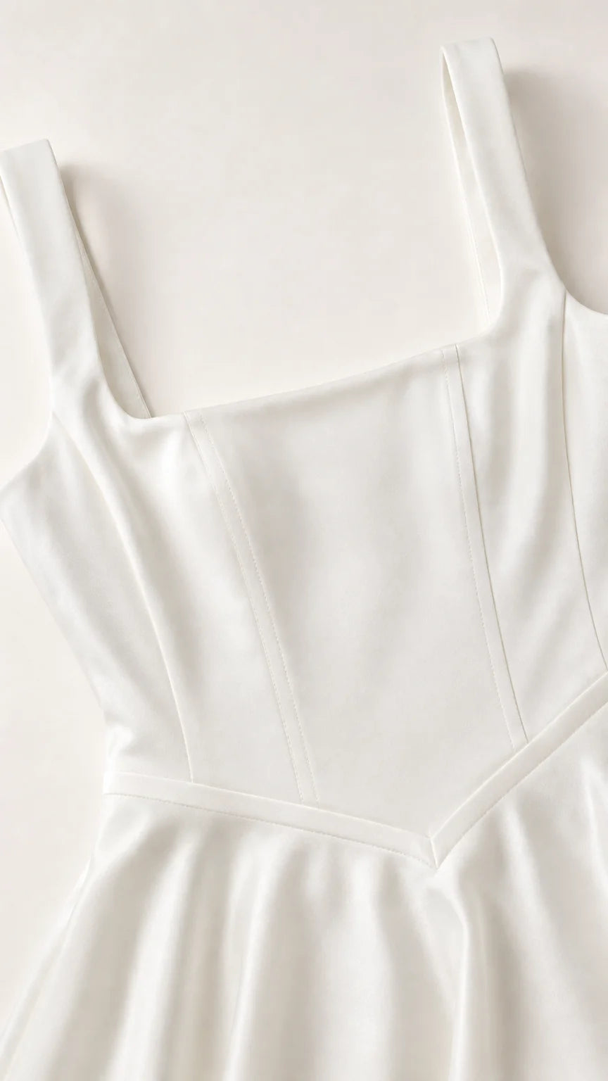Close-up detail of white dress bodice and square neckline
