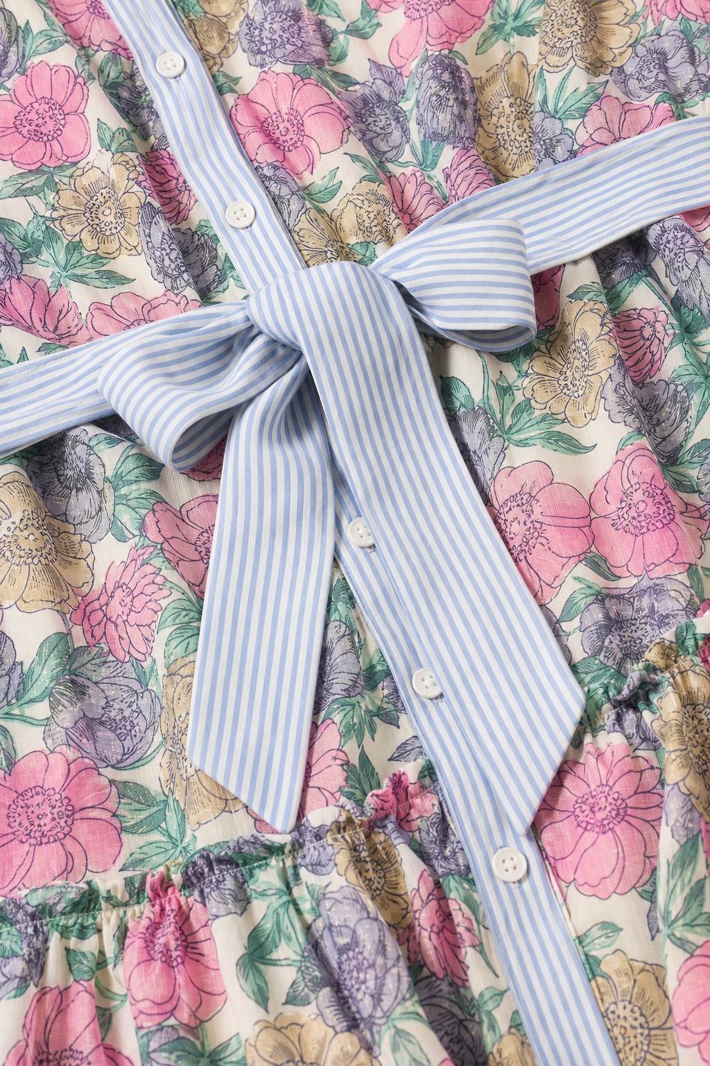 Close-up detail of button-front placket and striped sash tie