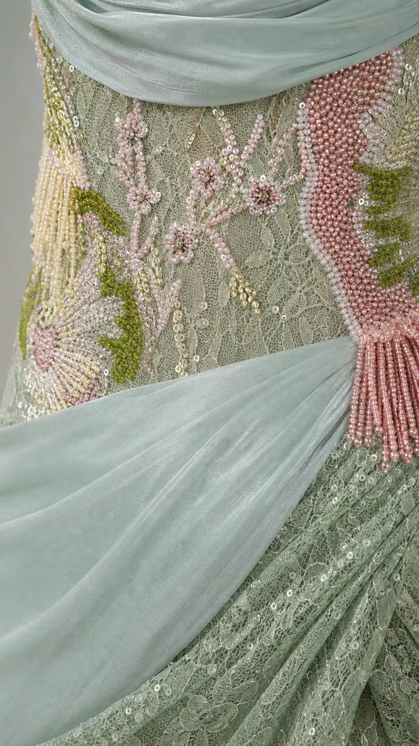Close-up detail of floral beaded embroidery on mint green gown