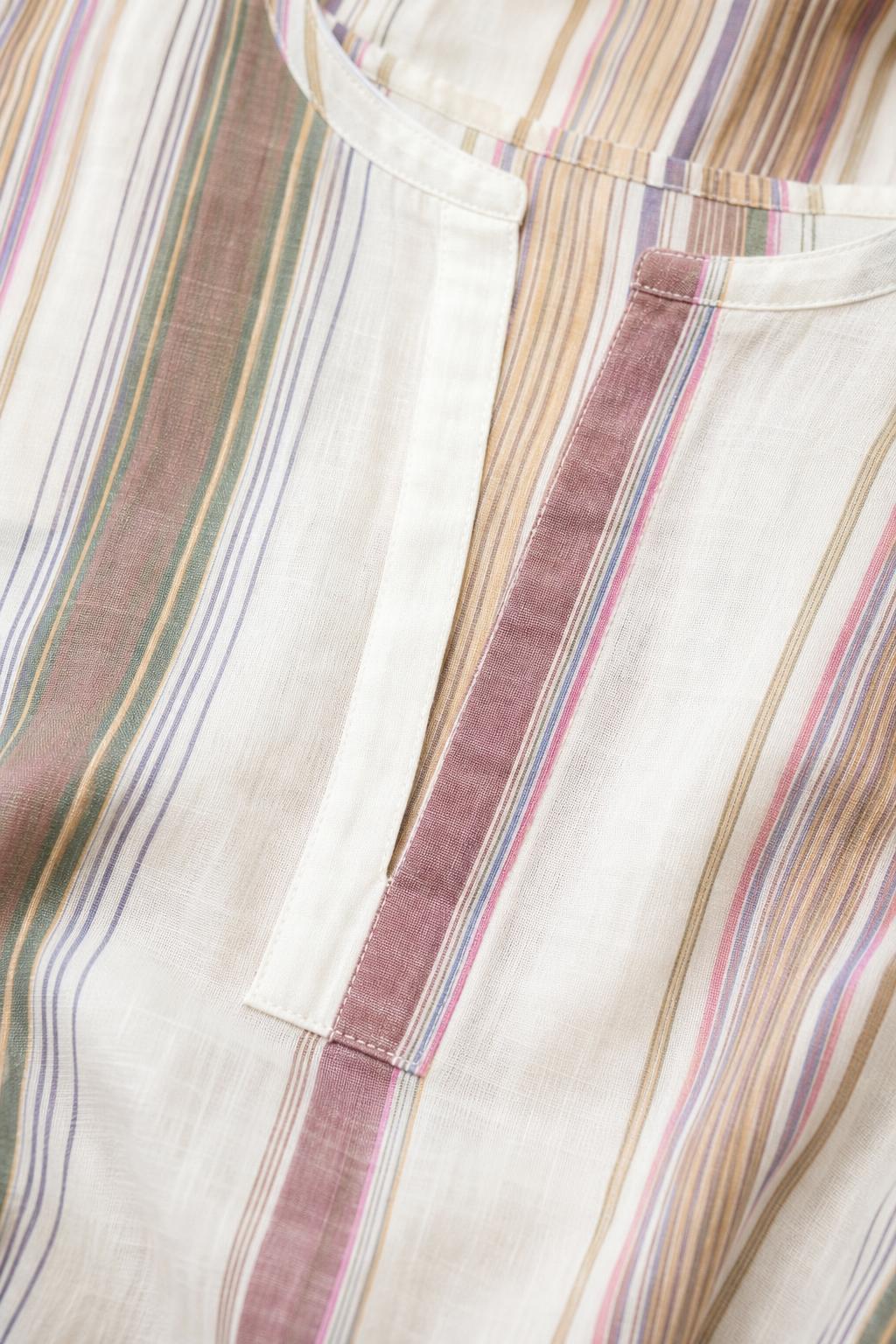 Close-up of fabric texture and V-neck placket detail