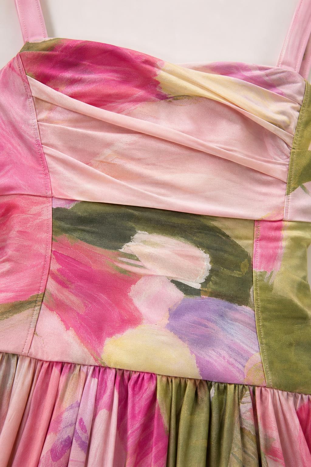 Close-up detail of pleated bust and watercolor floral fabric pattern