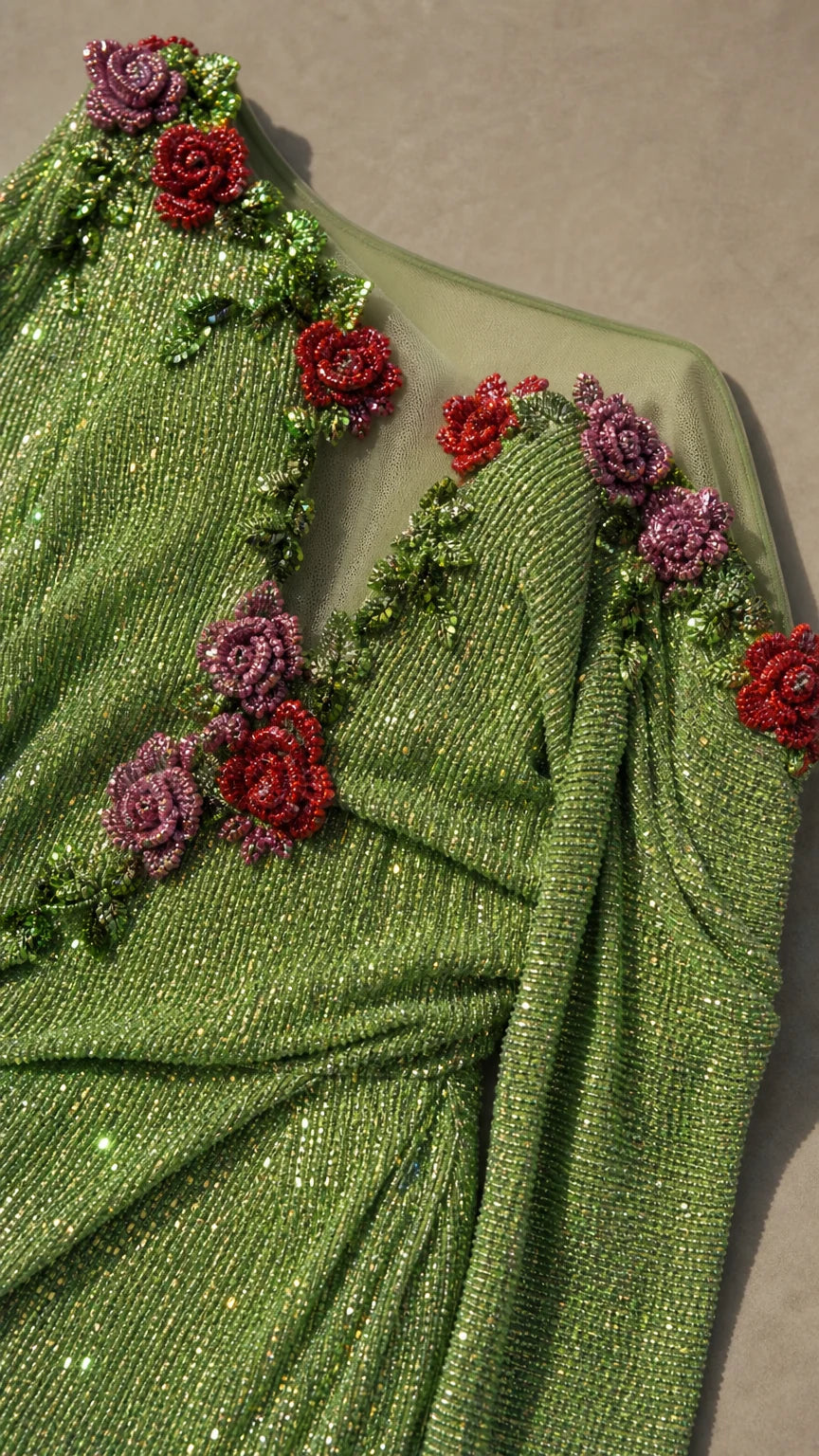 Close-up of 3D beaded rose appliques on green evening dress