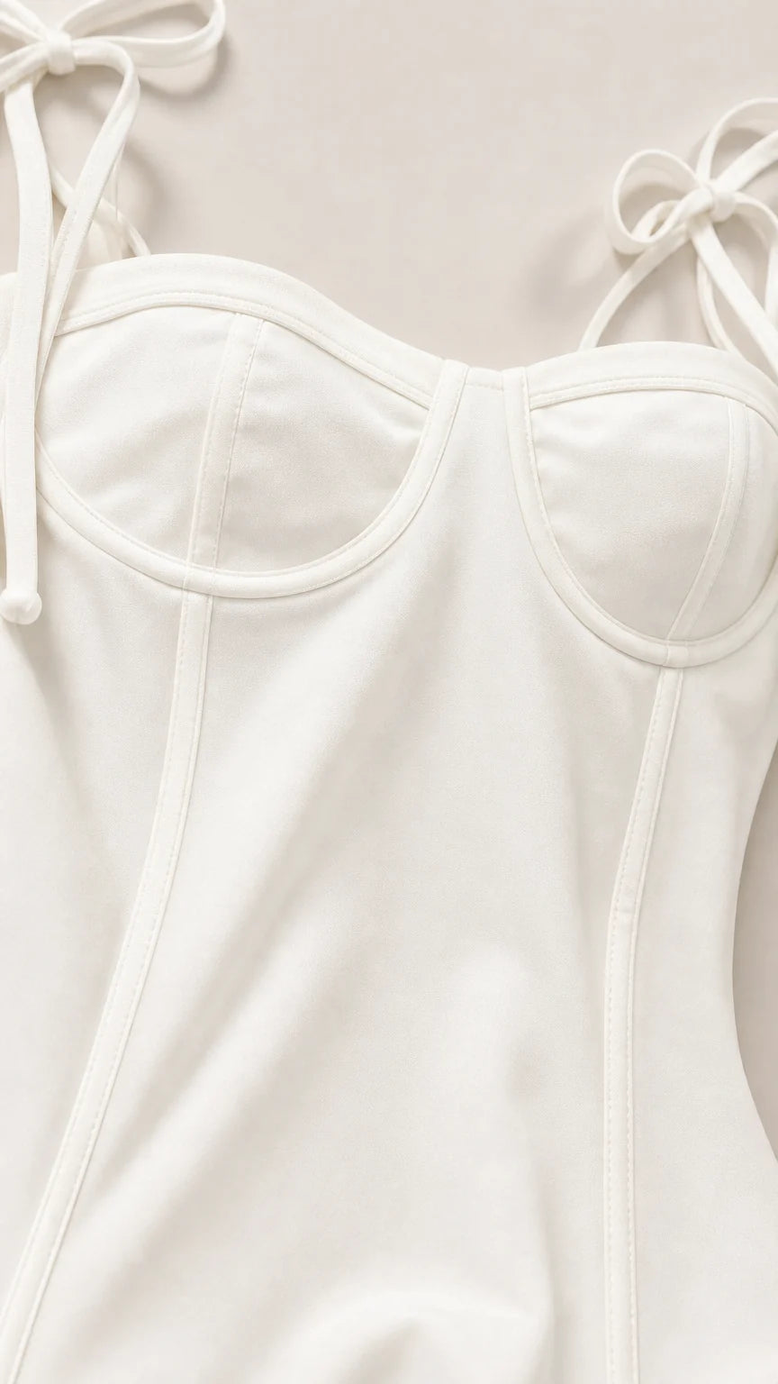 Close-up detail of structured sweetheart bodice and tie straps