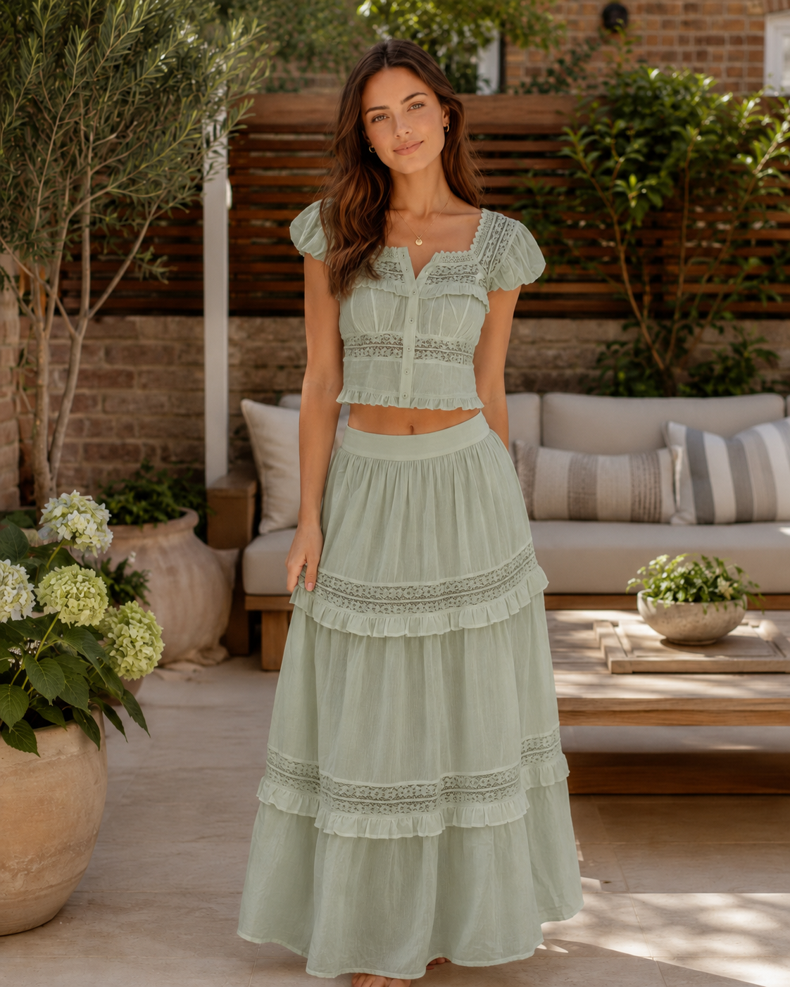 Sage lace-trim puff sleeve crop top with matching tiered maxi skirt front view