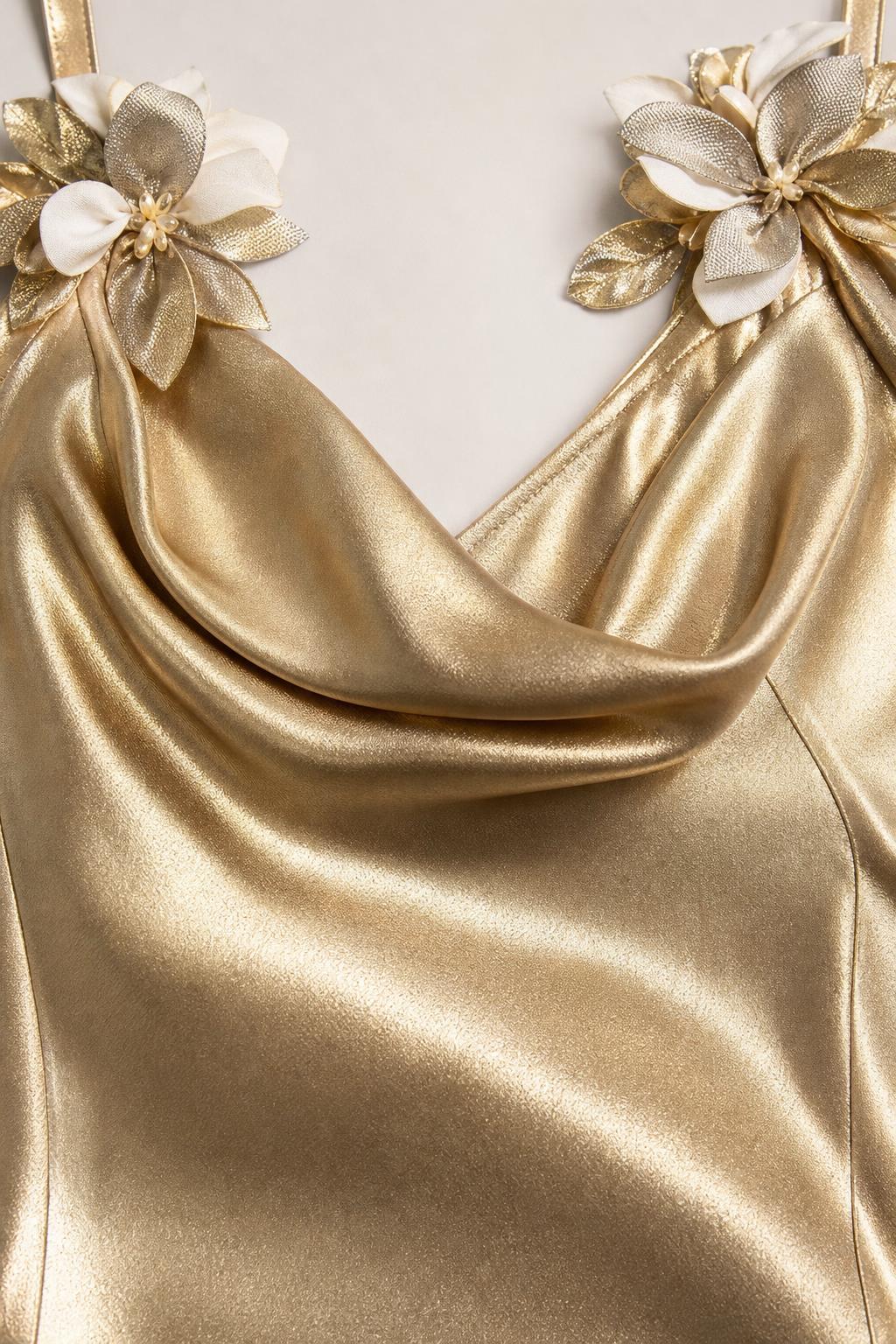 Close-up of 3D floral strap details and cowl neckline