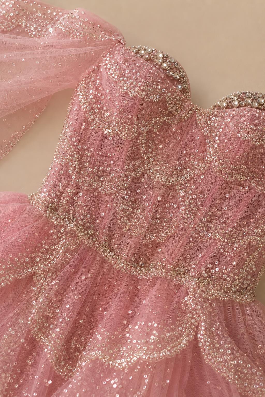Close-up detail of the sequined and beaded bodice