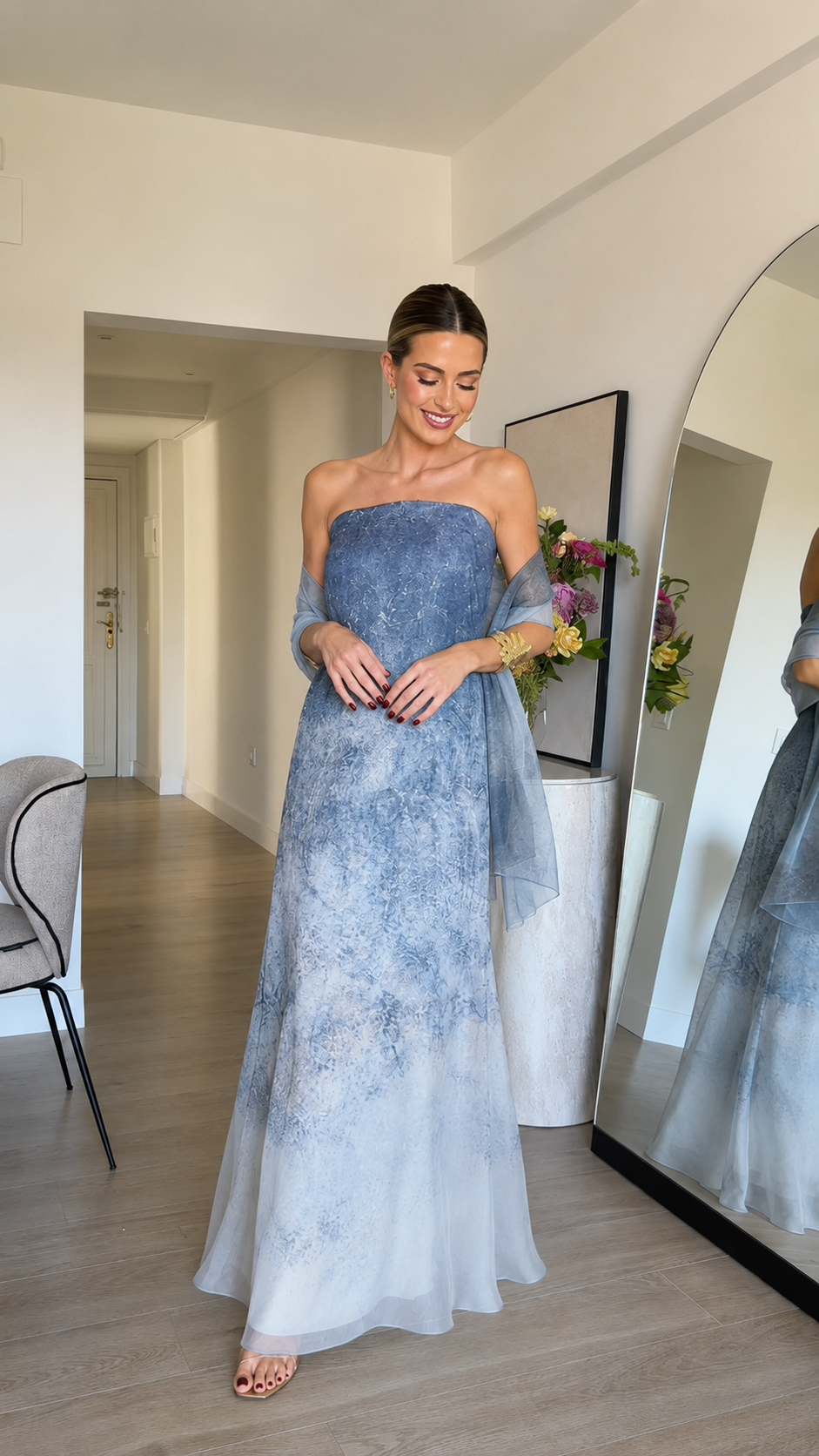 Dusty blue strapless ombre formal gown with matching sheer wrap