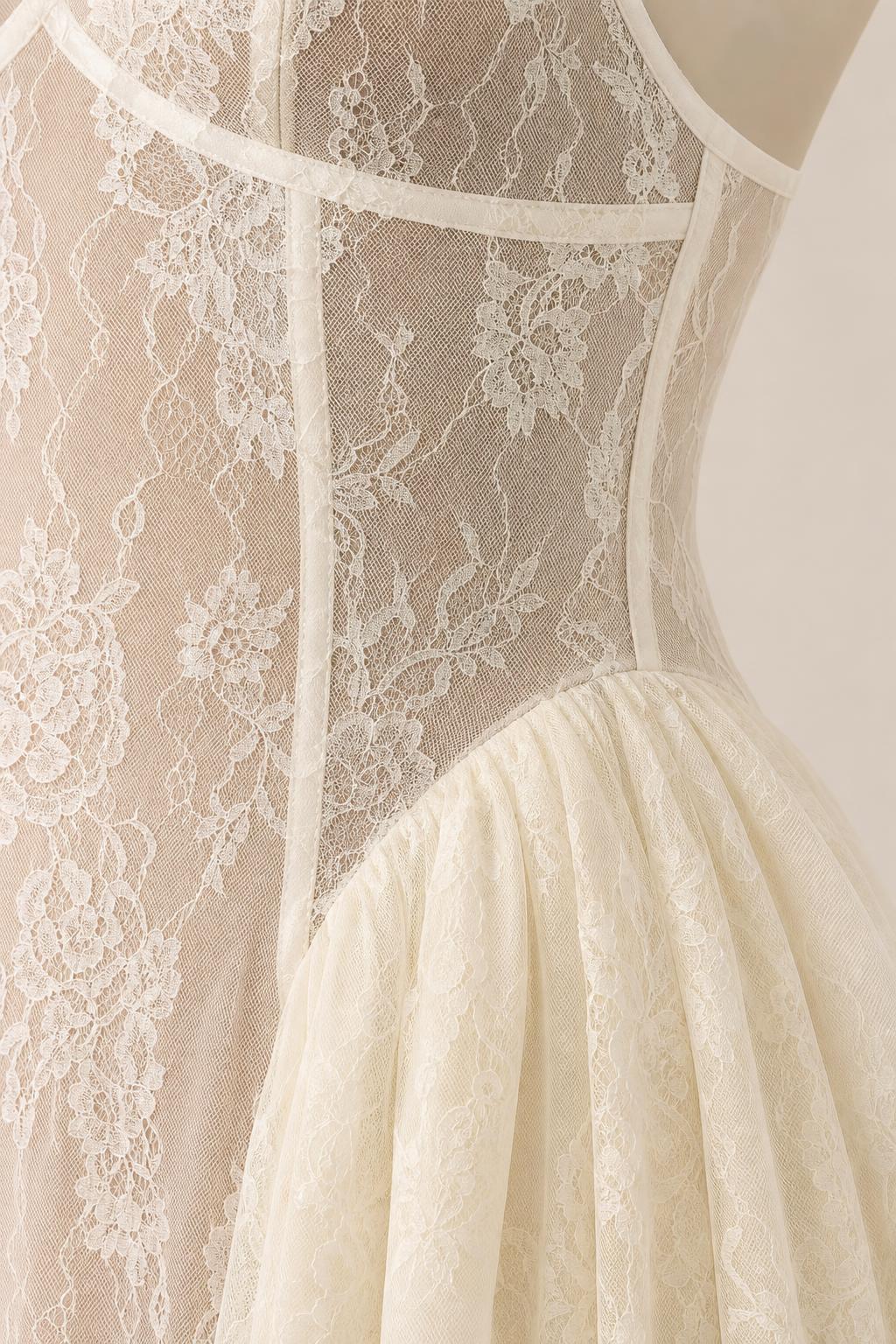Close-up detail of lace bodice and paneling on Cream Dress