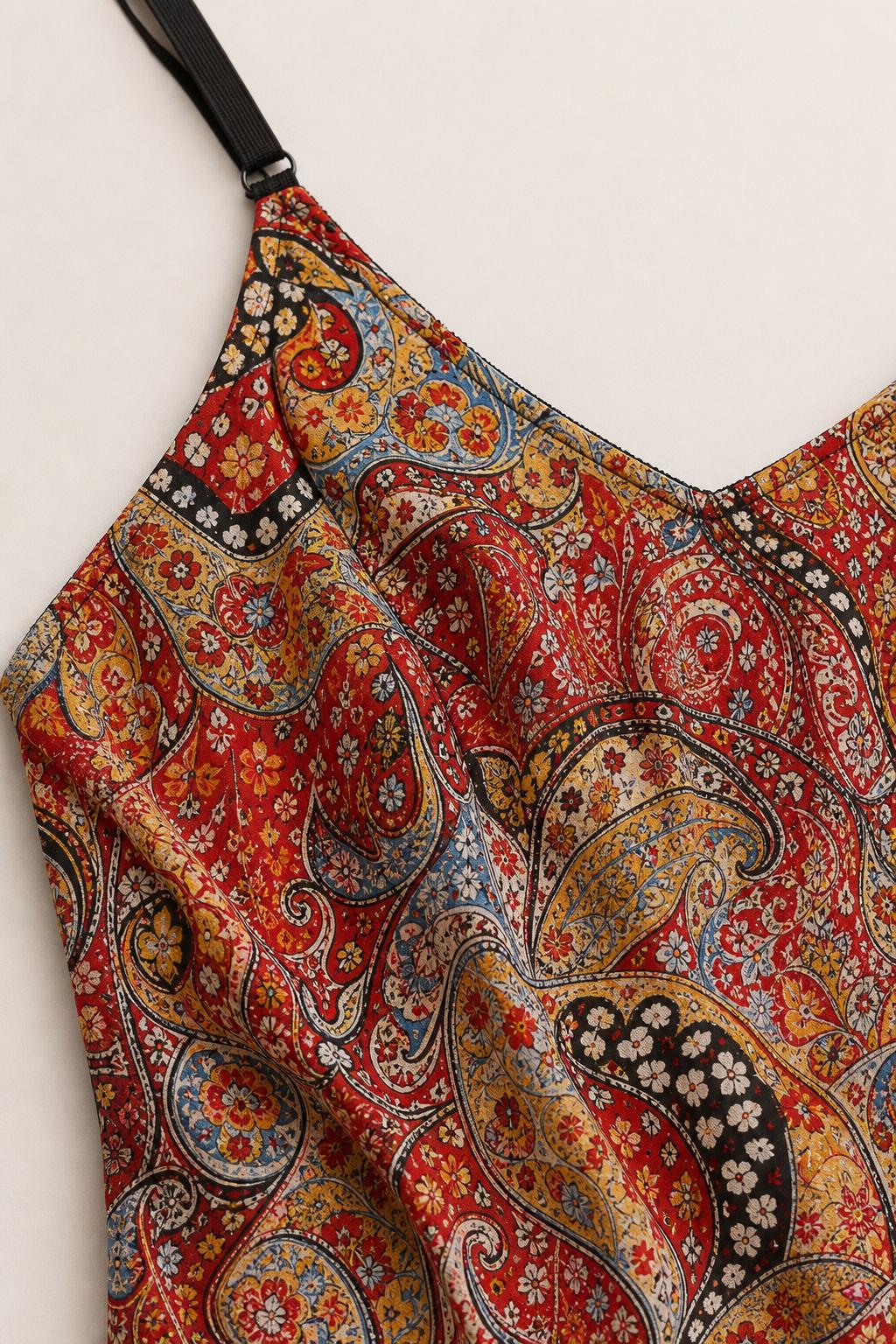 Close-up detail of Red Multi paisley fabric and strap
