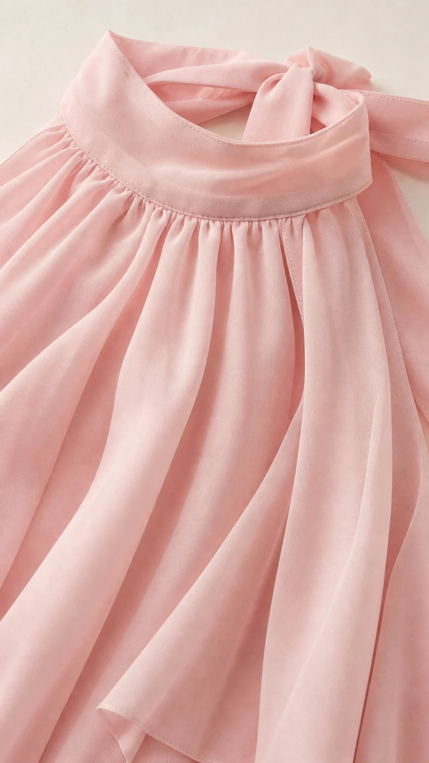 Close-up of pink chiffon fabric and halter collar