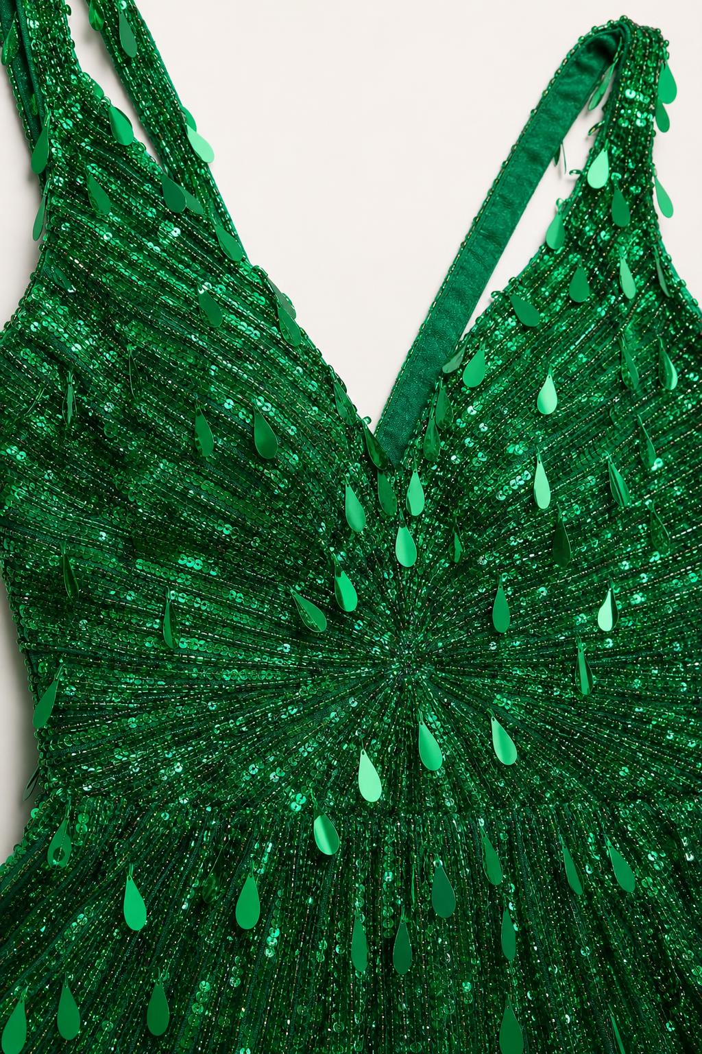 Close-up detail of green sequin and bead embellishment pattern