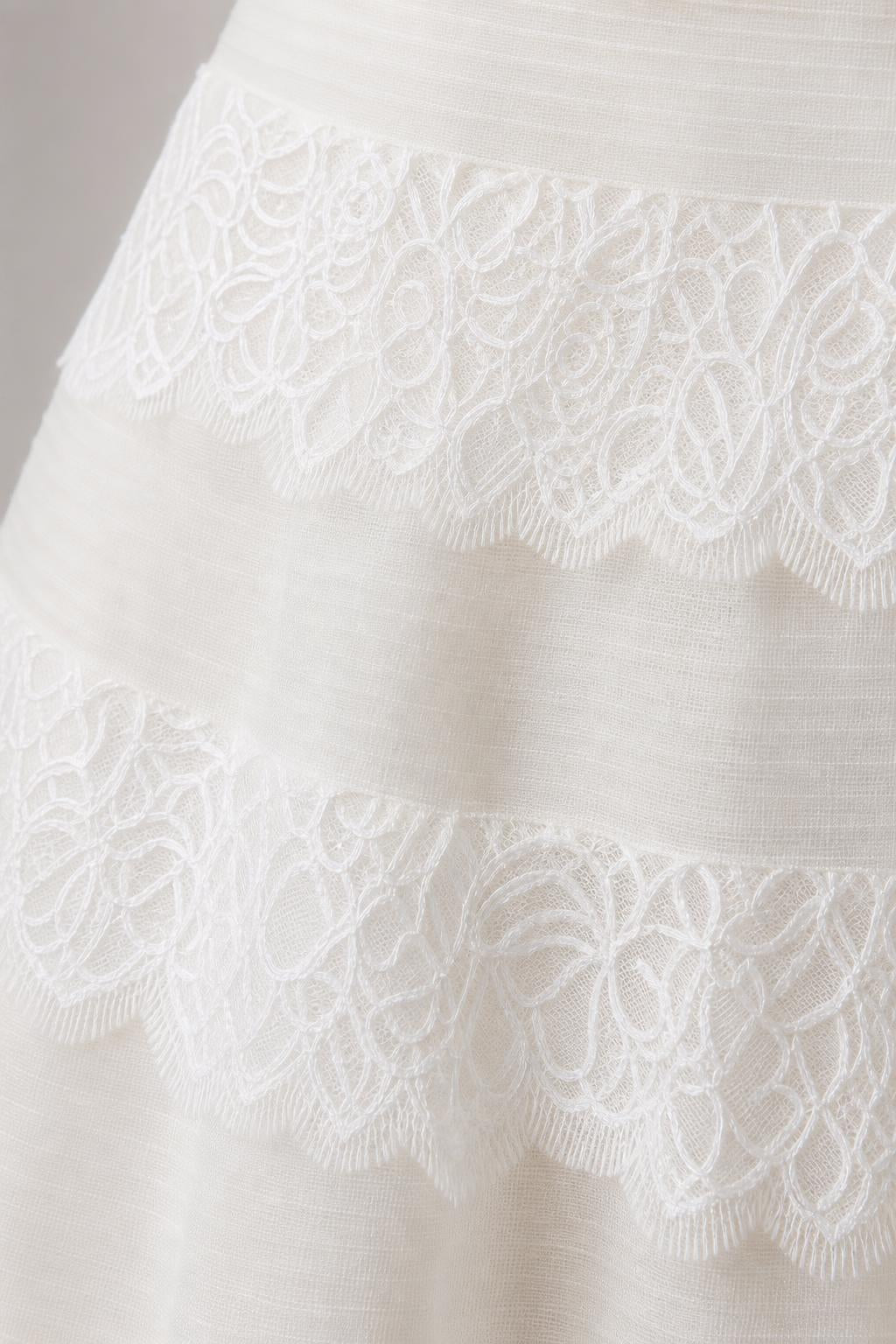Close-up detail of white tiered lace trim on dress