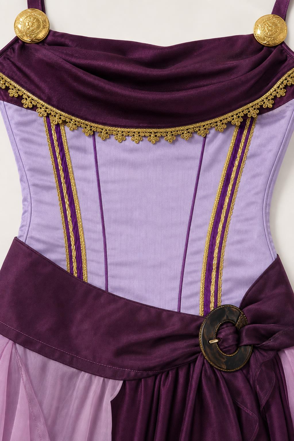 Close-up detail of corset bodice and gold trim on purple dress