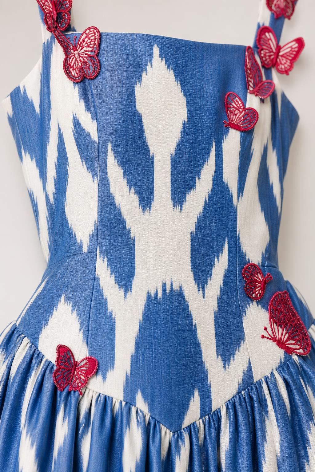 Close-up of bodice showing butterfly appliques and ikat pattern