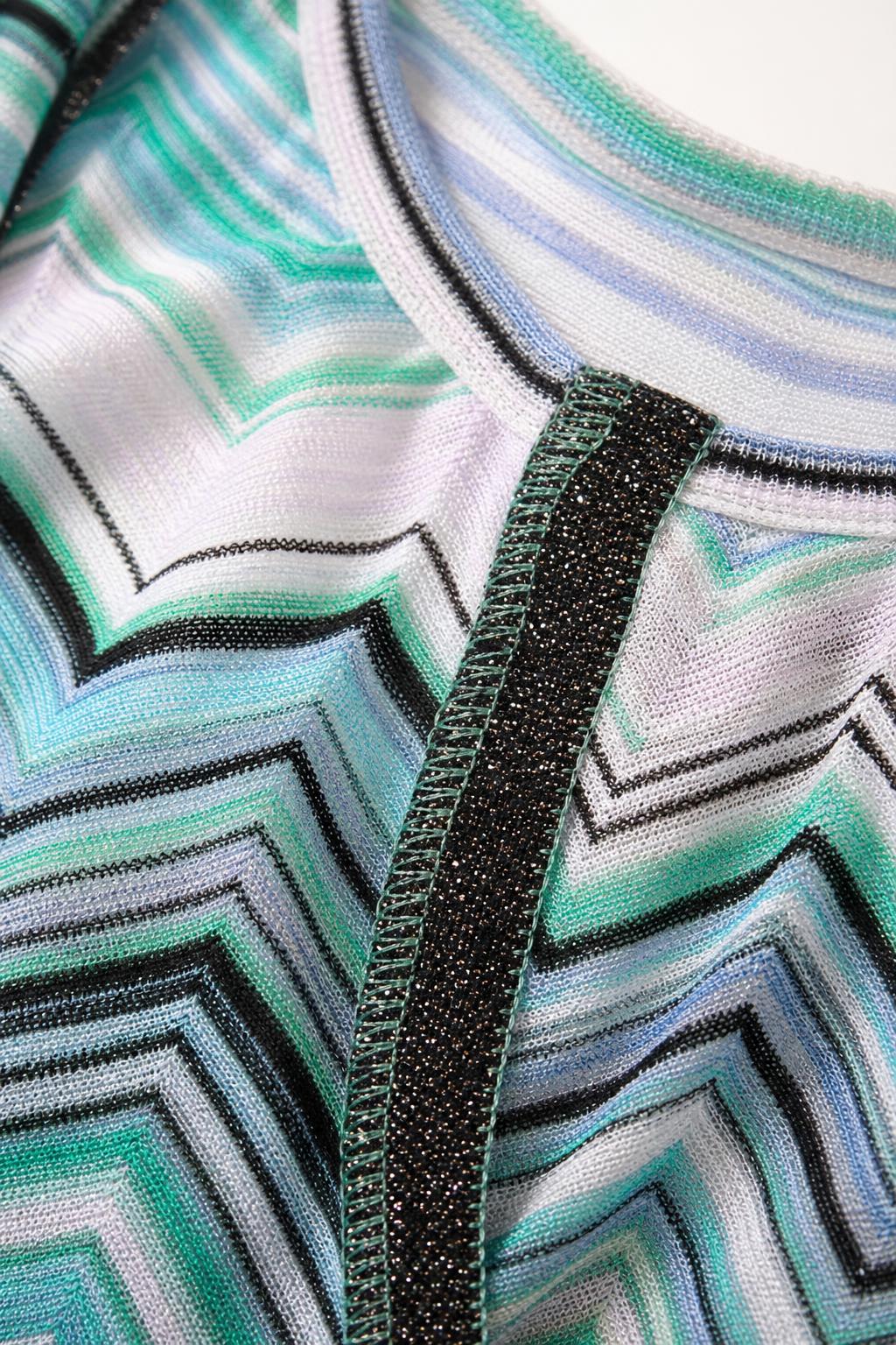 Close-up detail of chevron knit pattern and contrast trim