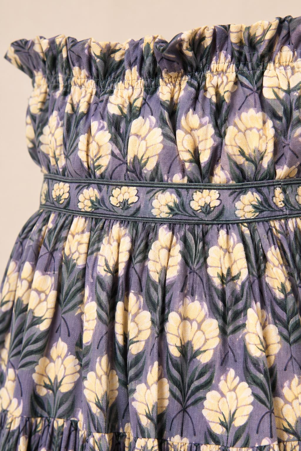 Close-up detail of smocked bodice and floral pattern