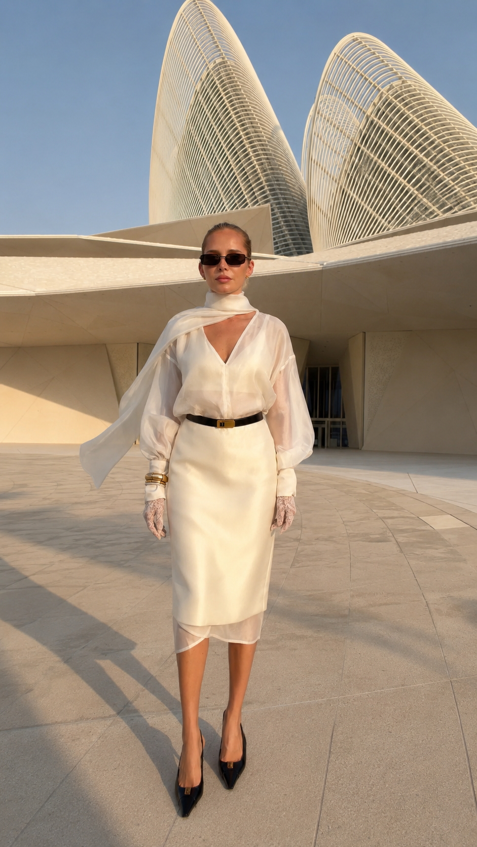Model wearing cream sheer sleeve scarf neck belted midi dress