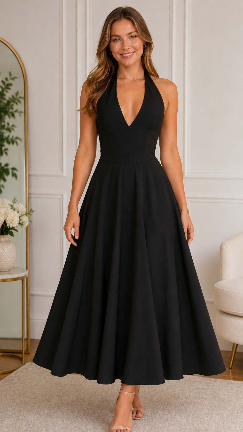 Front view of black halter backless midi dress with full A-line skirt