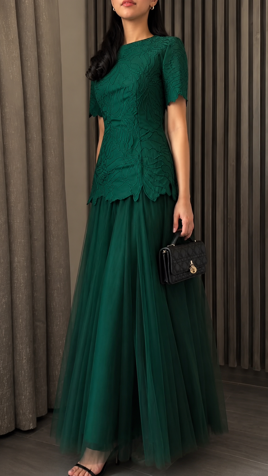 Front view of emerald green floral textured tulle maxi dress