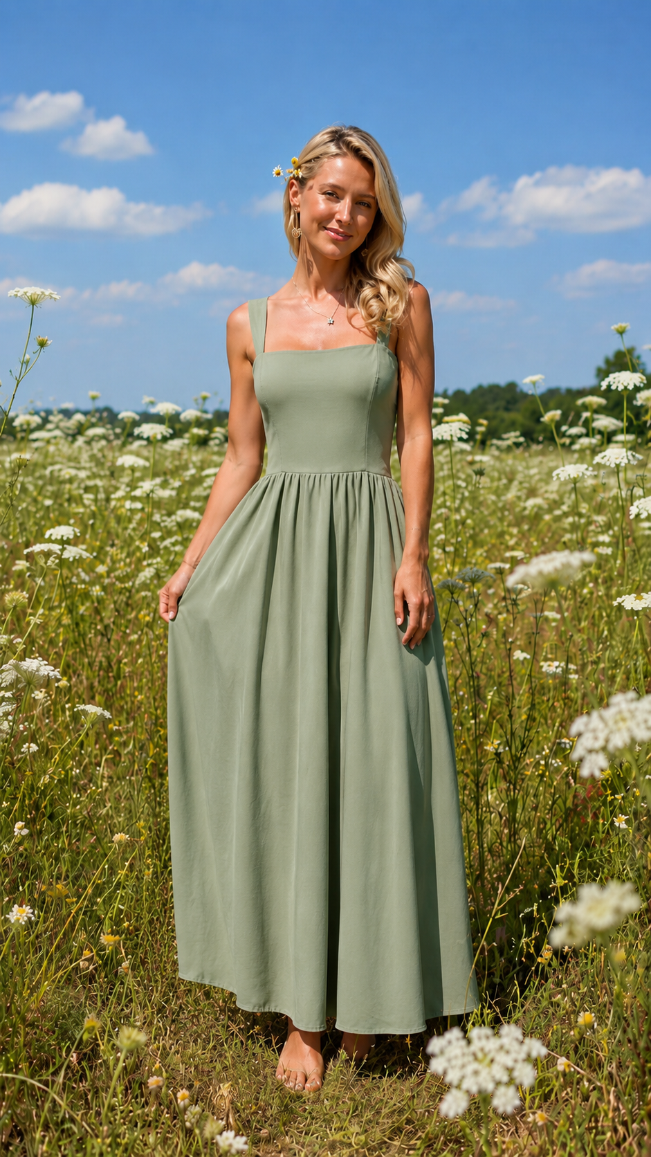 Sage green square neck sleeveless maxi dress front view