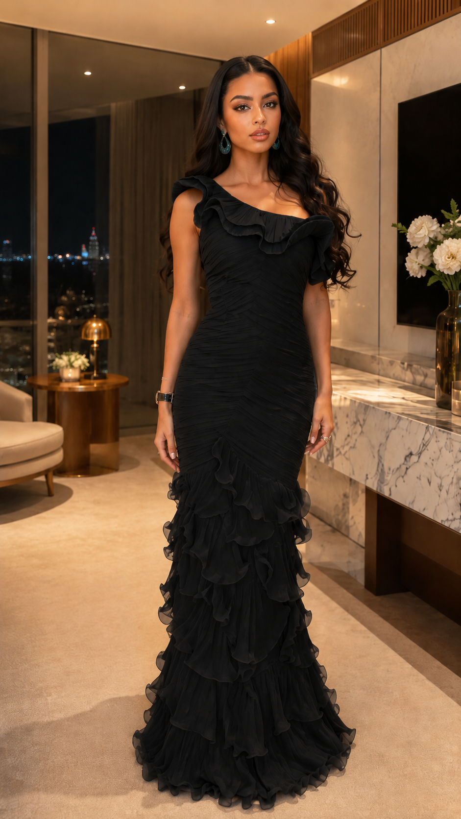 Front view of black one-shoulder mermaid gown with ruched body and tiered ruffle hem