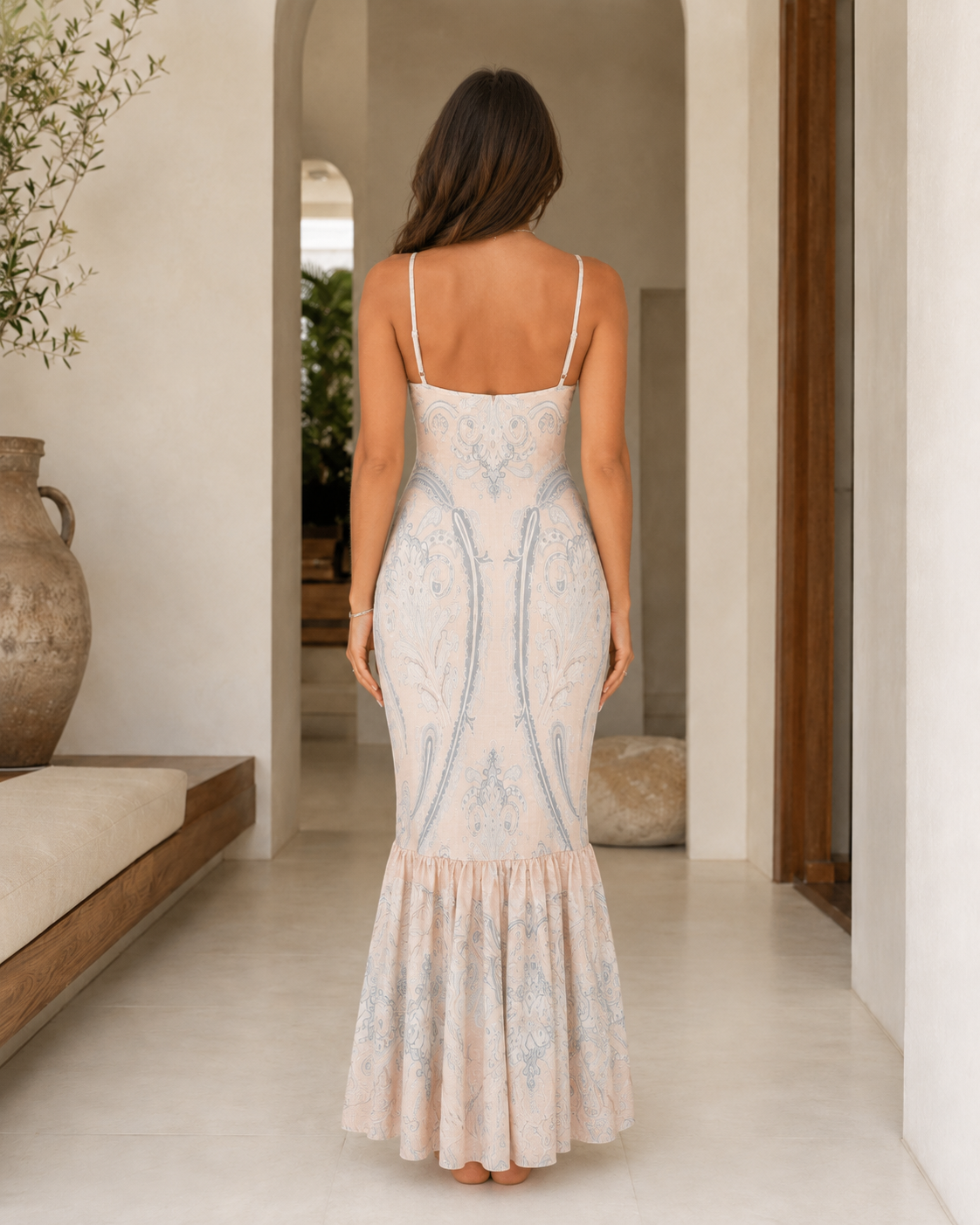 Back view of ivory and blue printed mermaid cami maxi dress