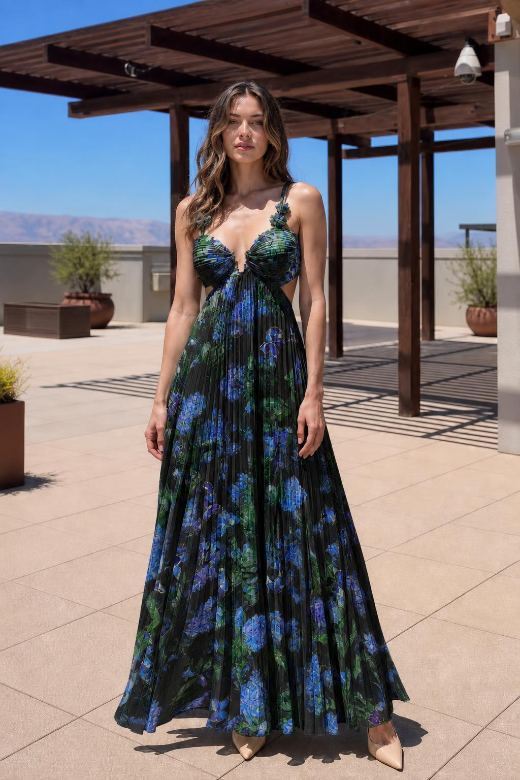 Front view of model wearing Black Floral pleated maxi dress