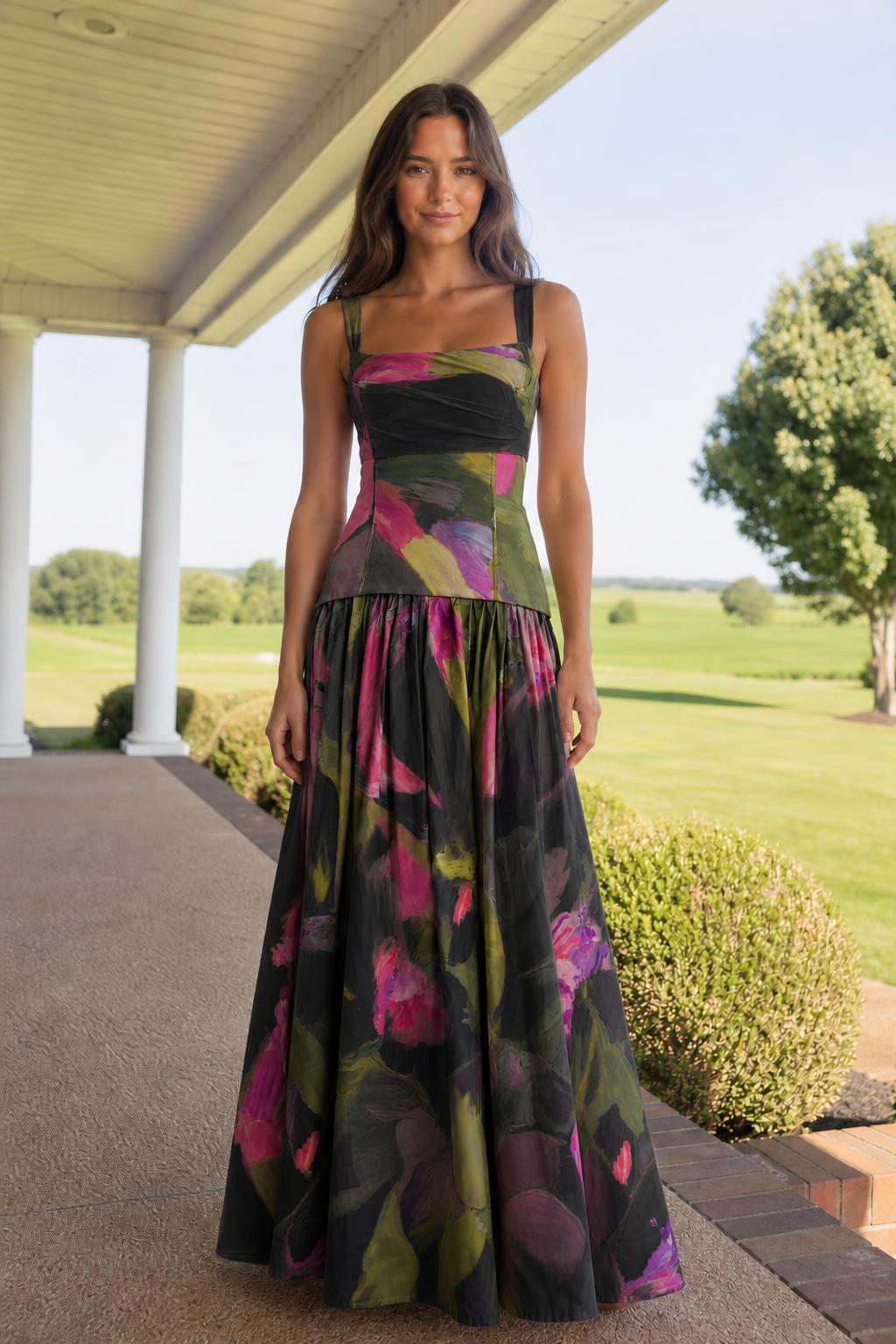 Front view of model wearing black floral print maxi dress