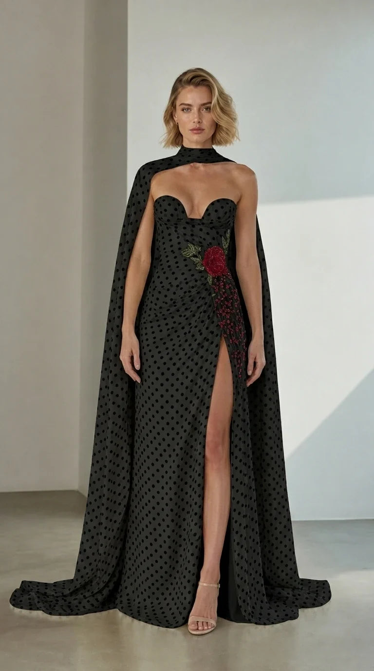 Front view of Black Polka Dot Embellished Cape Evening Gown