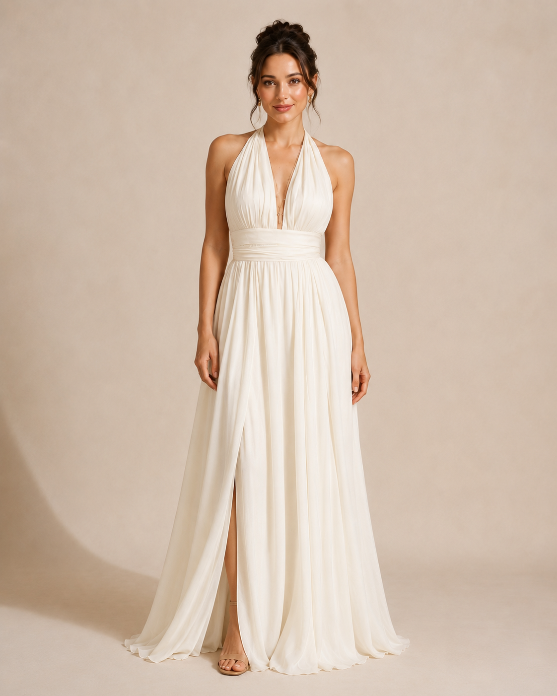 Full-length front view of ivory halter maxi dress with plunge neckline and slit