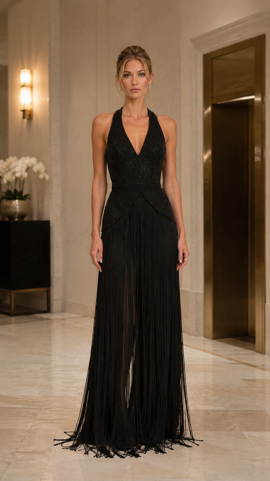 Front view of black halter plunge evening gown with flowing pleated fringe skirt