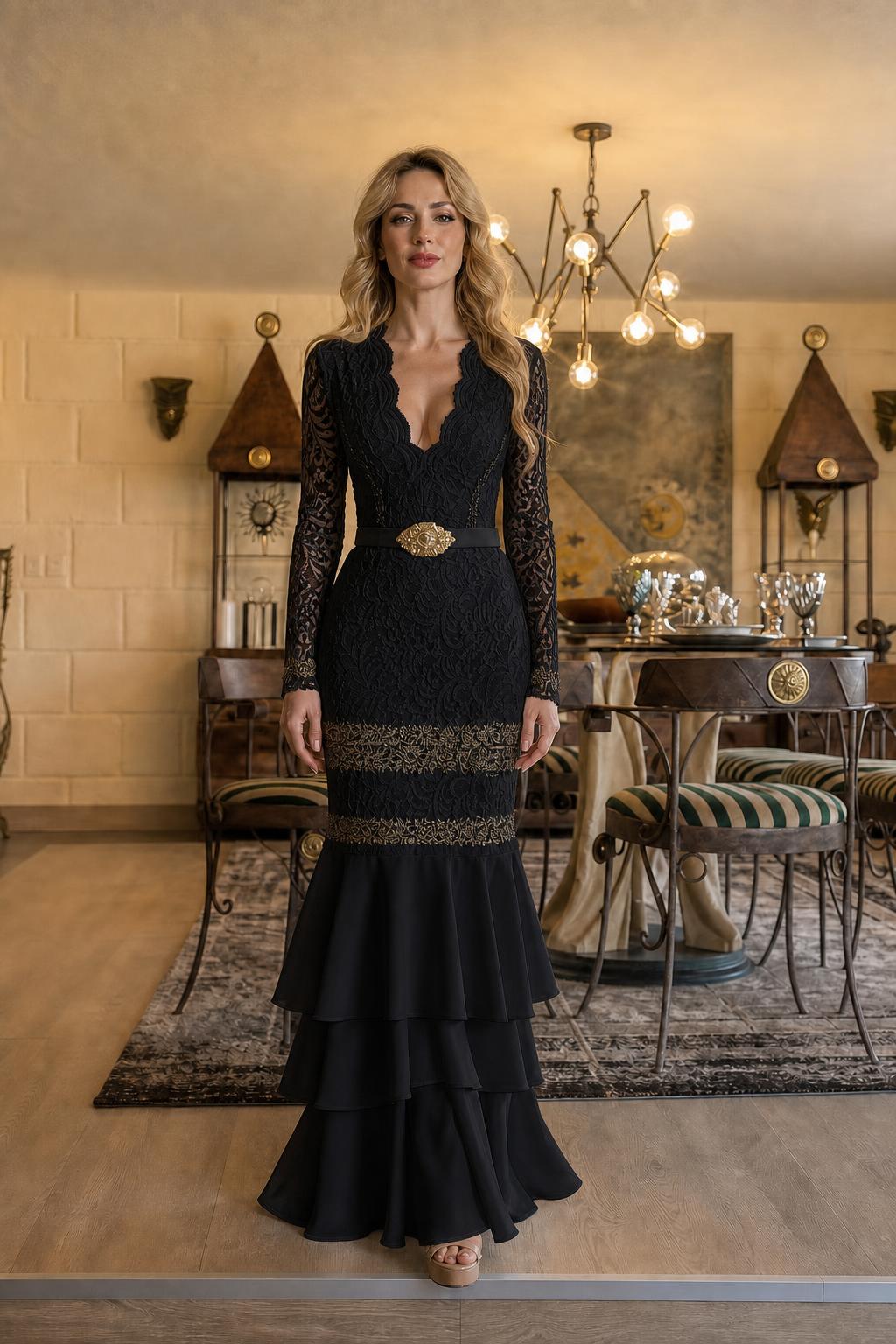 Front full view of black lace long-sleeve mermaid maxi dress