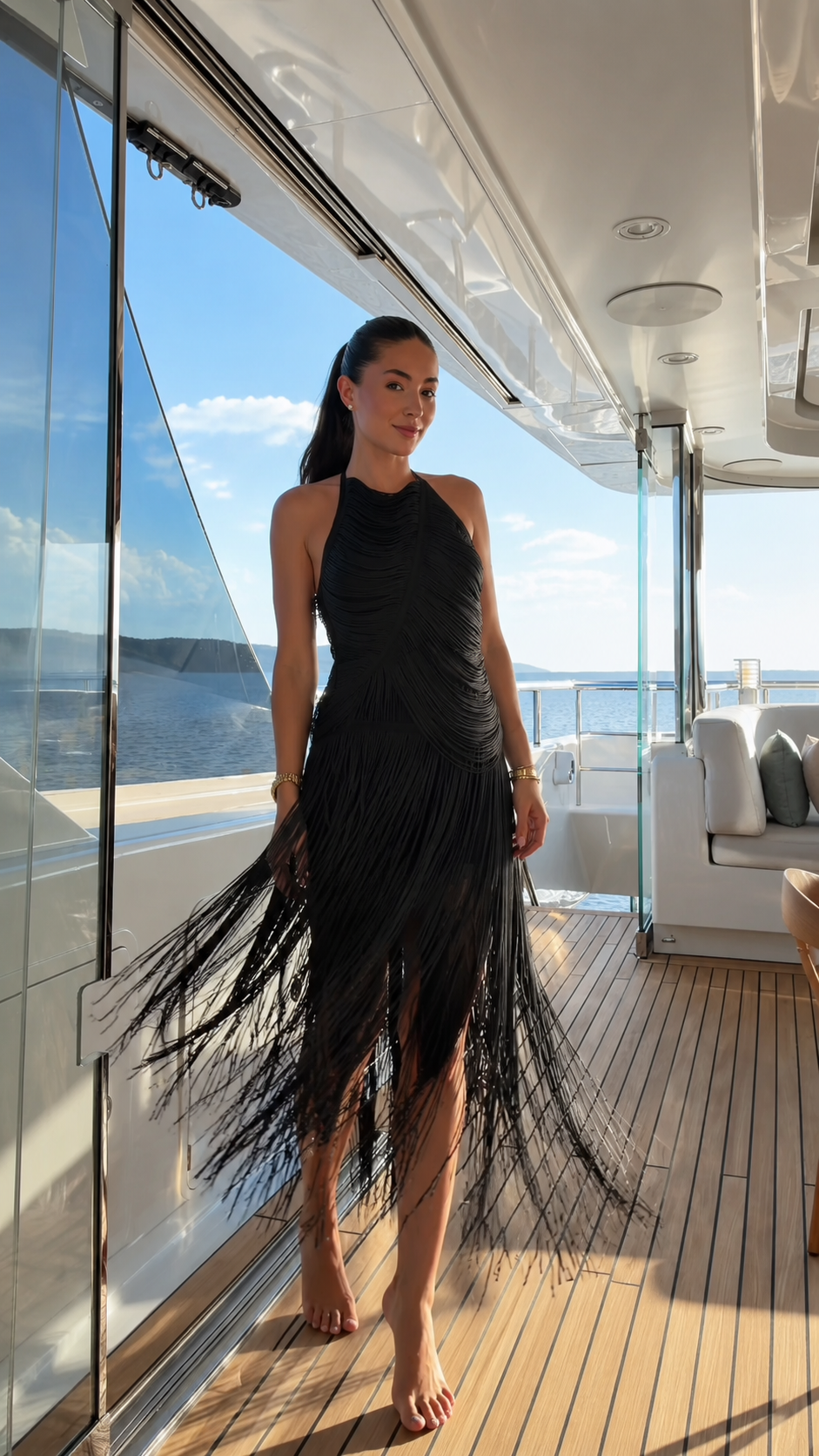 Black fringe halter maxi dress with sleek fitted silhouette front view