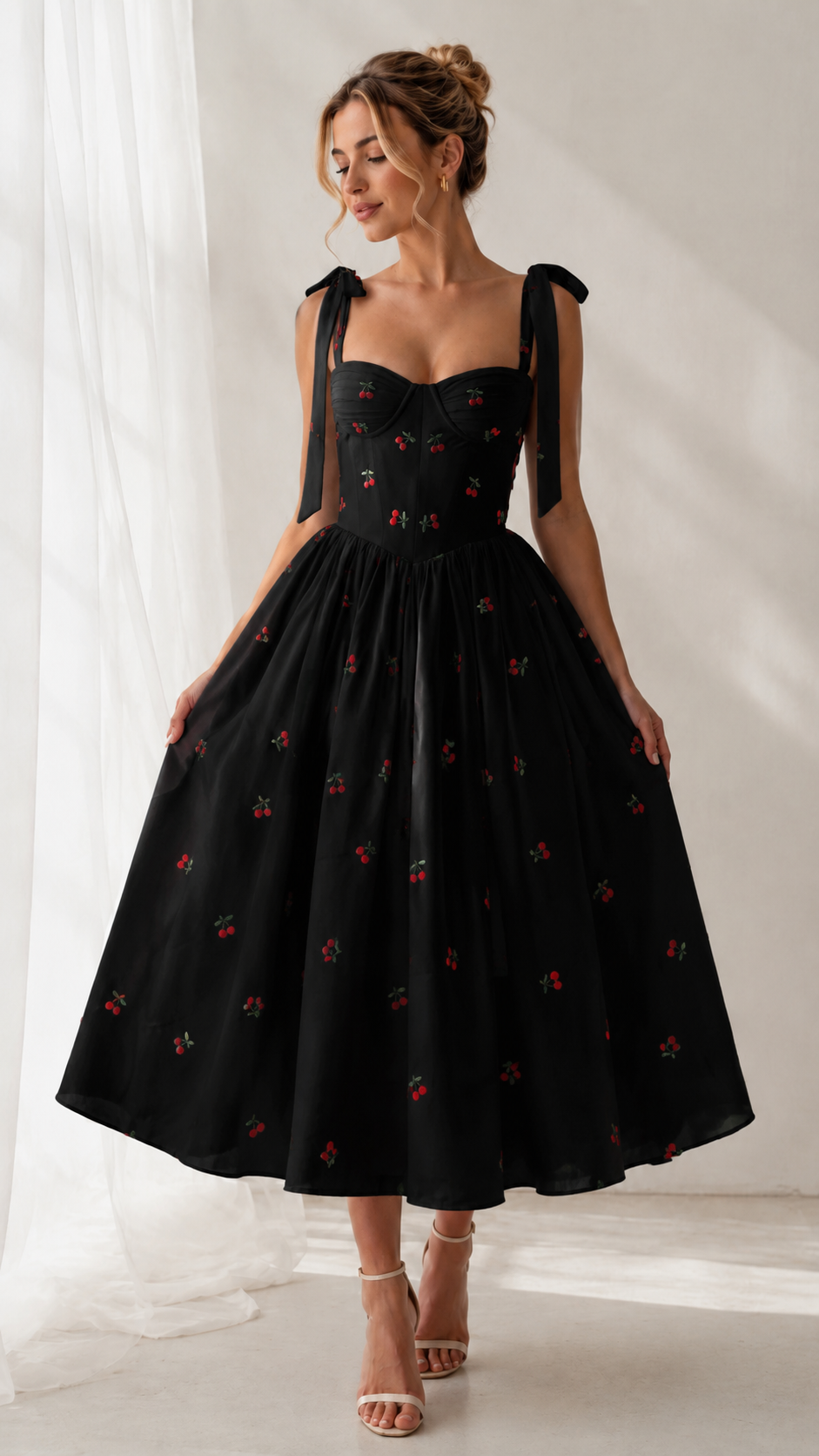 Front view of black cherry print tie-strap sweetheart midi dress