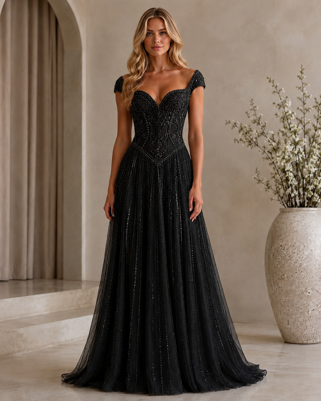 Black beaded sweetheart cap sleeve floor-length A-line evening gown front view