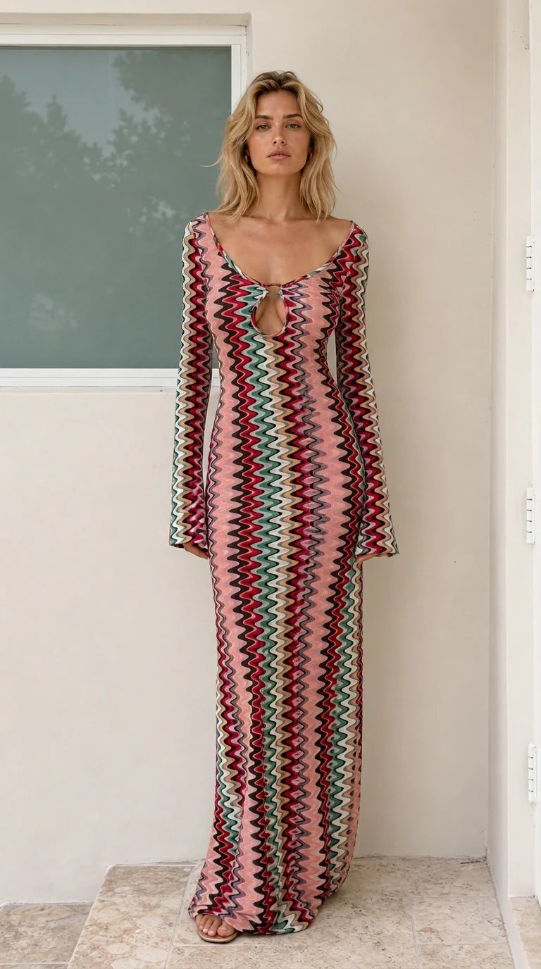 Model wearing Pink variant of chevron knit maxi dress