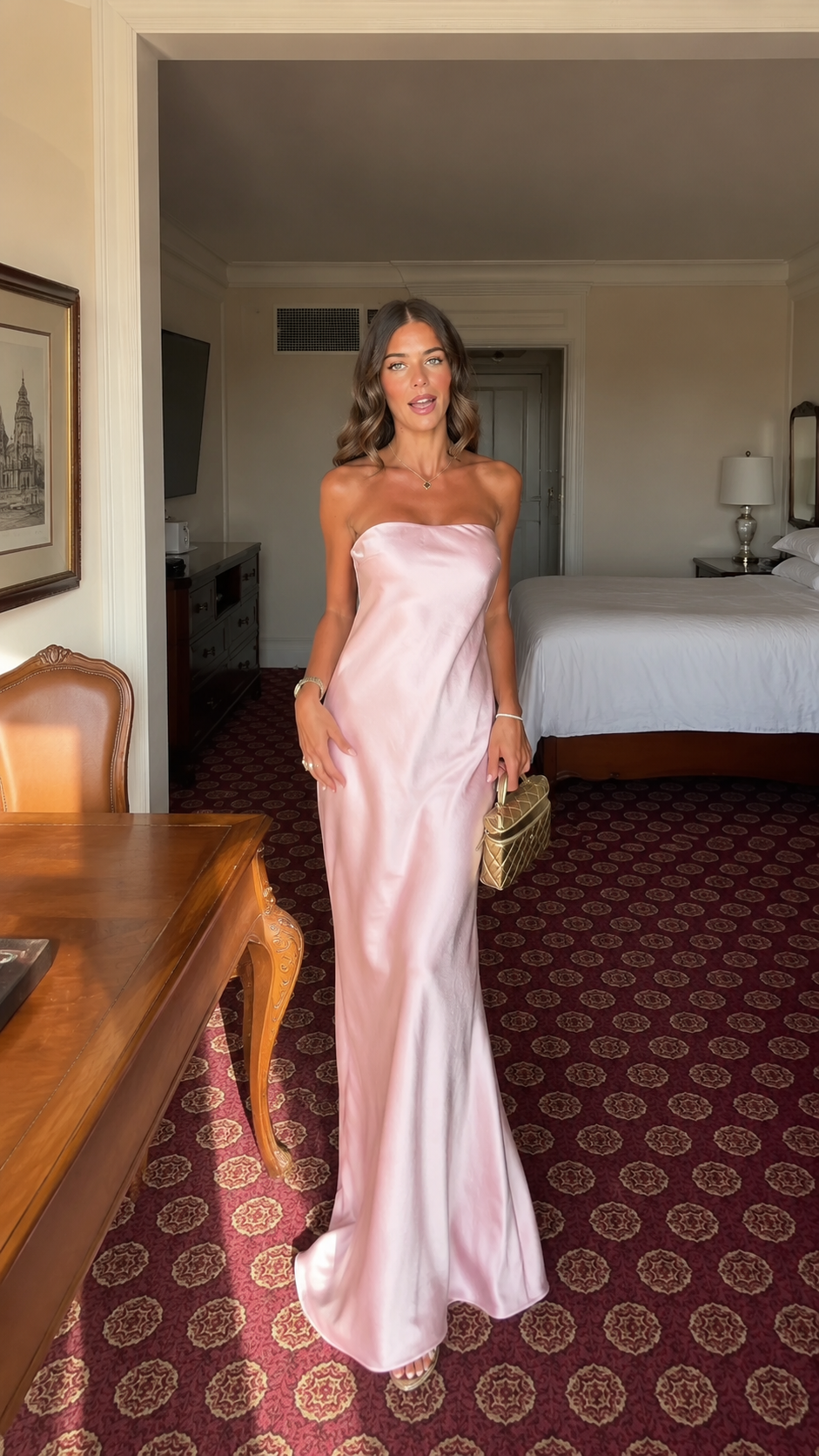 Front view of blush pink strapless satin-look maxi dress