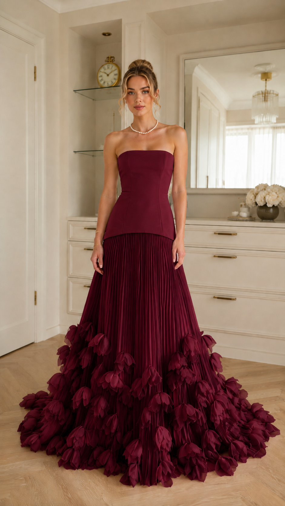 Front view of burgundy strapless formal gown with pleated skirt and dramatic textured hem