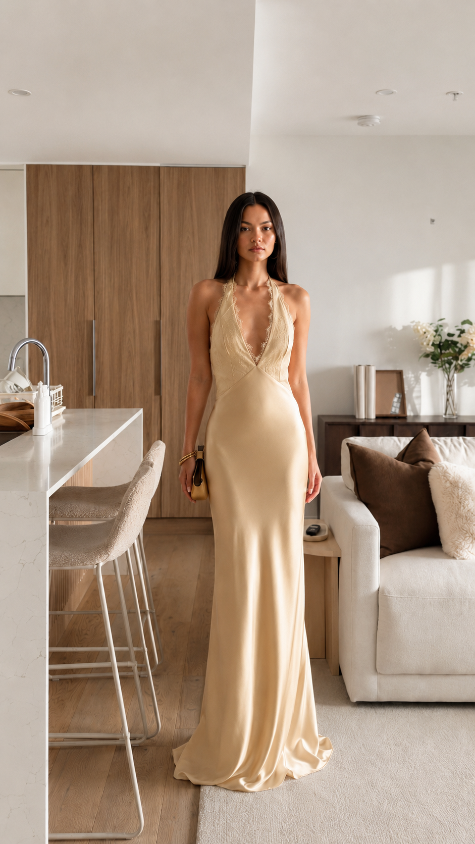 Front view of champagne halter lace trim floor-length dress