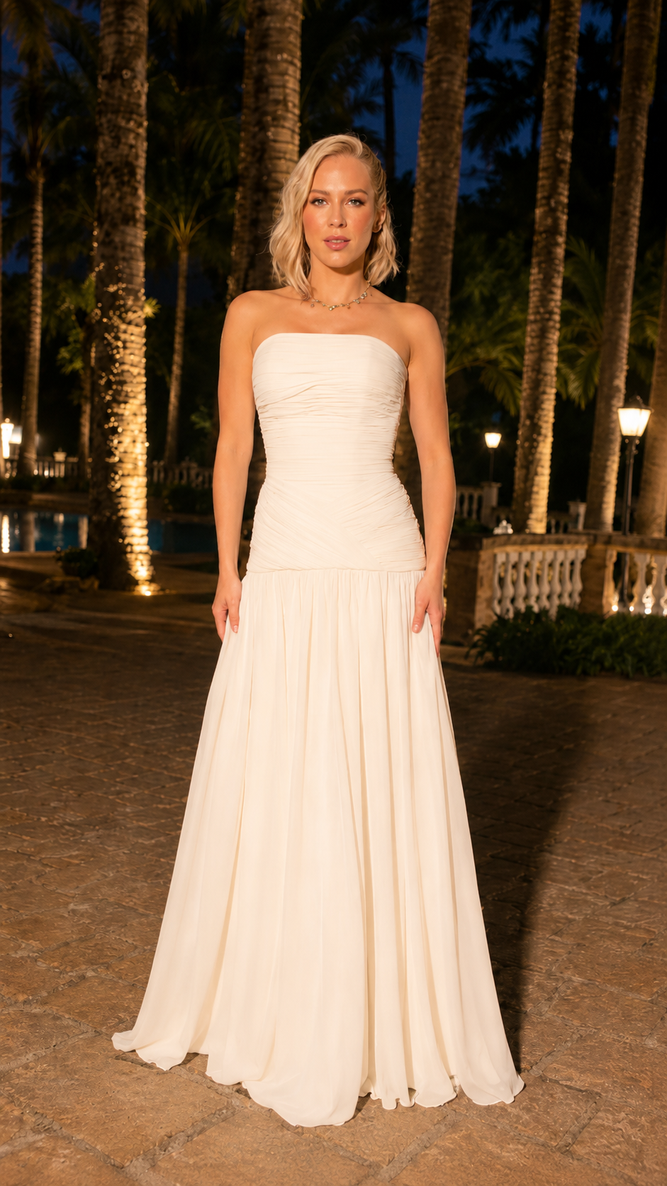 Front view of ivory strapless ruched formal maxi dress