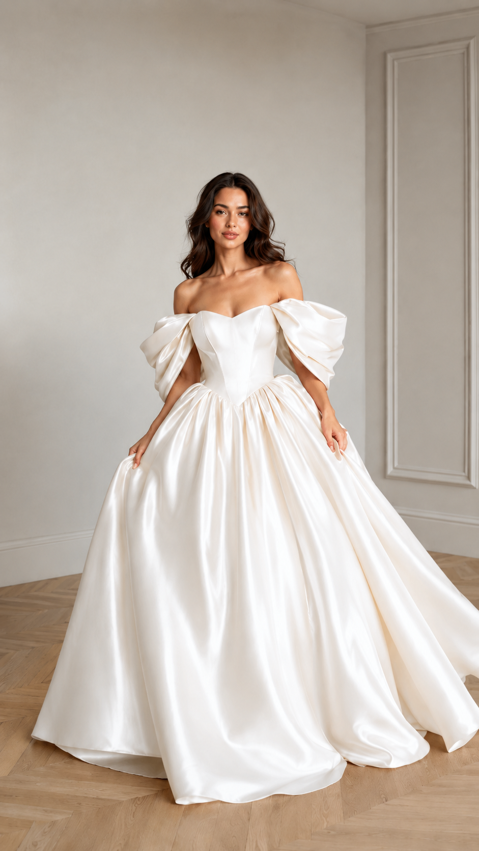 Front view of white off-shoulder puff sleeve formal gown with structured bodice