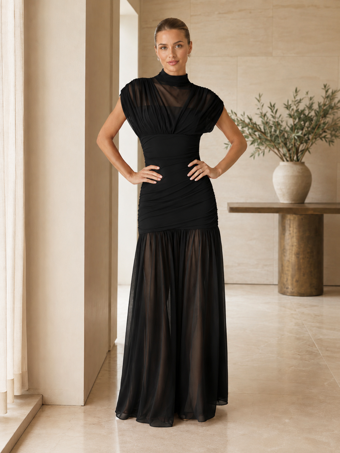 Black ruched mock neck mermaid maxi evening dress front view